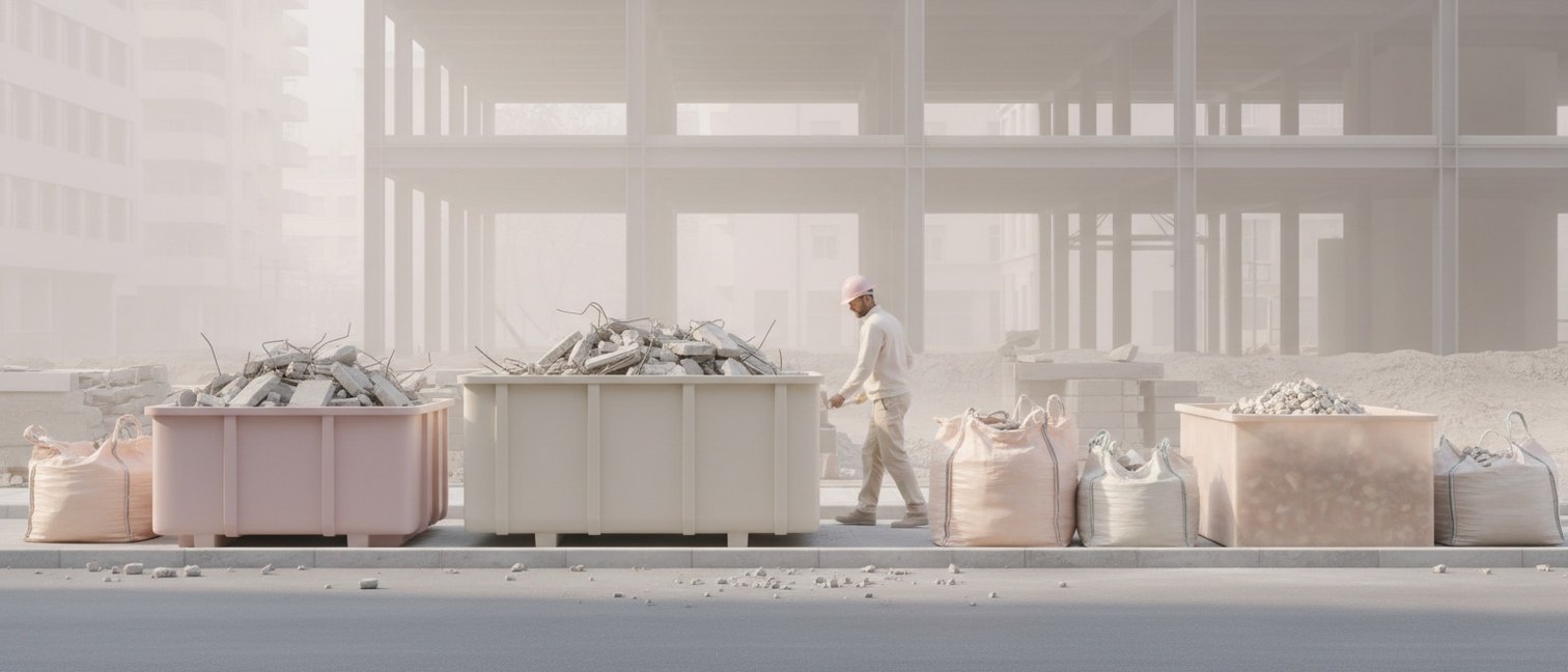 Chantier de construction avec bennes de tri et big-bags de gravats